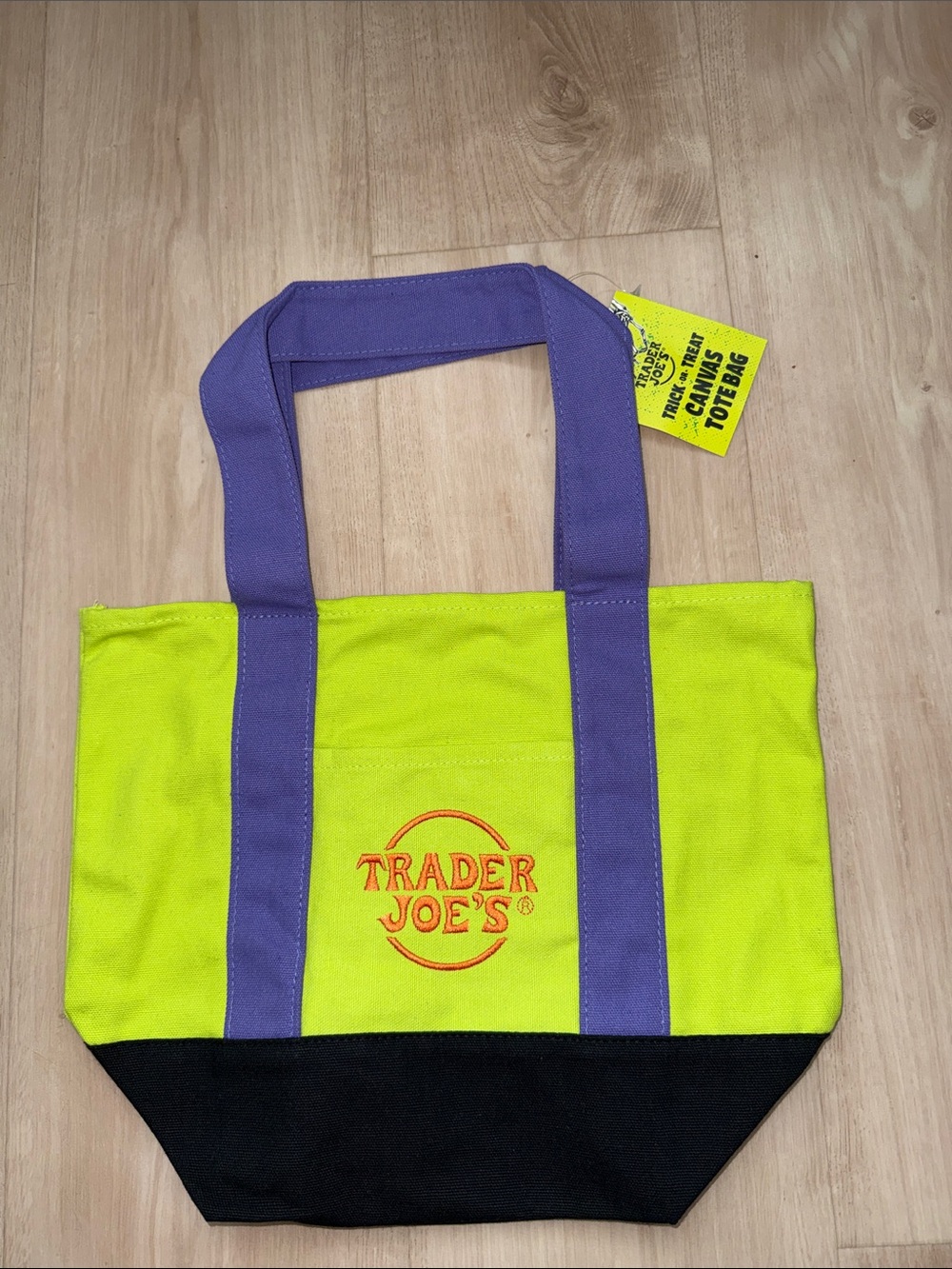 Trader Joe's mini Lime Green Canvas Tote with Purple Straps